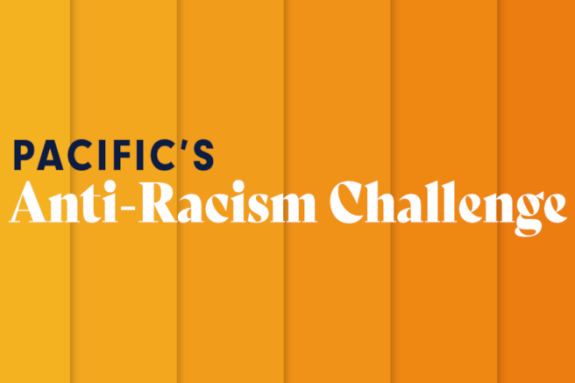 An orange box with "Pacific's Anti-Racism Challenge" logo.