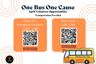 Volunteer Opportunity!  Join us for the last One Bus One Cause volunteer event through the Volunteer Center this Spring 2024. We will provide transportation to and from Oasis City Center: Oasis Cares Program from 1p.m. to 3:30 p.m.  Interested in signing up? Contact Jessica Serrano in the Volunteer Center at volunteercenter@pacific.edu 