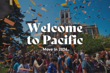 The words "Welcome to Pacific" typed over a picture of students throwing confetti.
