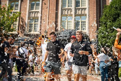 students are showered with confetti during Tiger Roar 