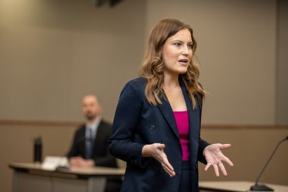Law student Sarah Bridge ’26 competes in the Ben Franz First-Year Mock Trial Competition in 2023.