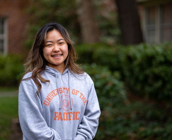 Calista Morita, a mechanical engineering major, poses on campus at Pacific.